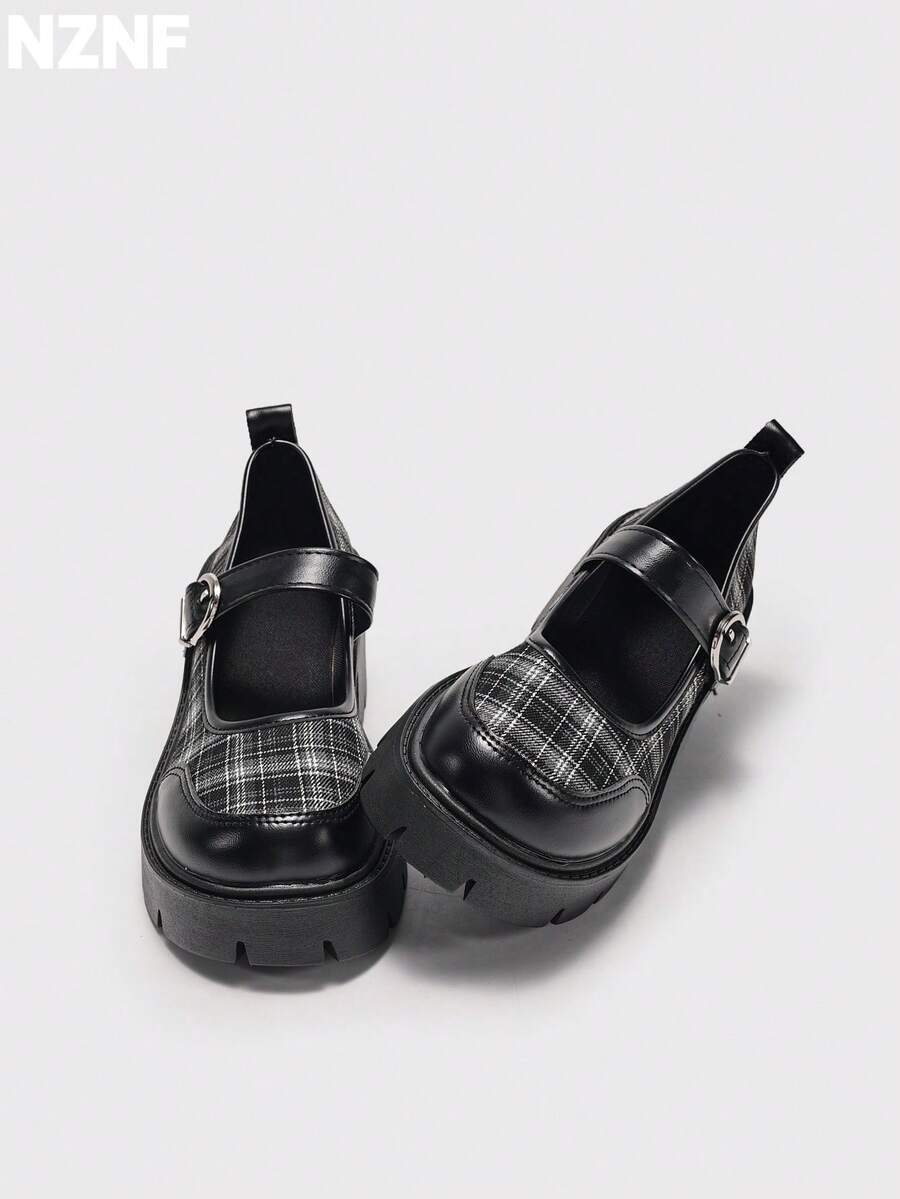 NZNF 1 Pair Houndstooth Preppy Style PU Leather Buckle Wedge Thick Sole Loafers For Women, Office Wear, All Seasons