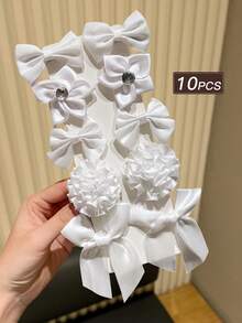 10pcs Pure White Bow Ribbon Hair Clips With Diamonds, Shiny Bow Flower Star Shaped French Style Alligator Hair Clips, Suitable For Party/Daily Wear Women's Small Hair Clips, Women's Hair Accessories, Women's Hair Decoration, Gift Recommendation - White - View 3