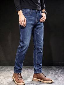 Celana Jeans Denim Slim Fit Pria dengan Detail Garis-Garis Tipis yang Terlihat, Bahan Elastis yang Nyaman, Tidak Ketat, Celana Jeans Kasual Serbaguna untuk Pakaian Kerja. - Biru - View 6