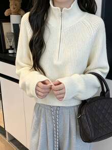Women's Ribbed Knit Zip-Up Pullover Sweater, Regular Fit Long Sleeve Top For Autumn/Winter, Vertical Ribbed, Half-Zip Stand Collar Short Knit Sweater, Korean Minimalist Sexy Style, Solid Beige White, Short High-Waist Fit, Raglan Long Sleeve Half-Zip Ribbed Knit Top - White - View 5