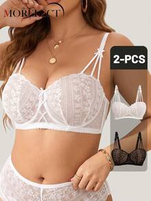 Morelect 2pcs Women's Plus Size Underwire Lace Patchwork Push-Up Breathable Bra - Multicolor - View 2