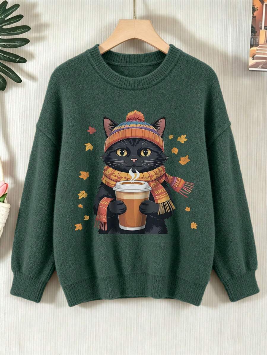 Women's Plus Size Cat Pattern Pullover Sweater, Autumn/Winter Long Sleeve Crew Neck Knit Top - Green - View 1