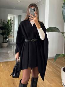 Elegant Women's Long Loose Black Knitted Wool Poncho Cardigan, Long Sleeve Asymmetric Design, Overlapping Collar, Suitable For Autumn/Winter (Belt Not Included) - Black - View 5