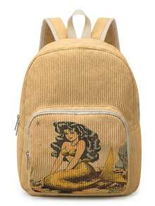 1 Piece Backpack, Women's Mini Backpack, Corduroy Girl School Bag, Travel Storage Bag, Mermaid Printed Design, Large‑Capacity Foldable Easy‑To‑Store Bag, Lightweight & Pressure‑Relieving, Multi‑Pocket Layered Design With Zipper Closure - Cartoon Mermaid 3333589 - View 5