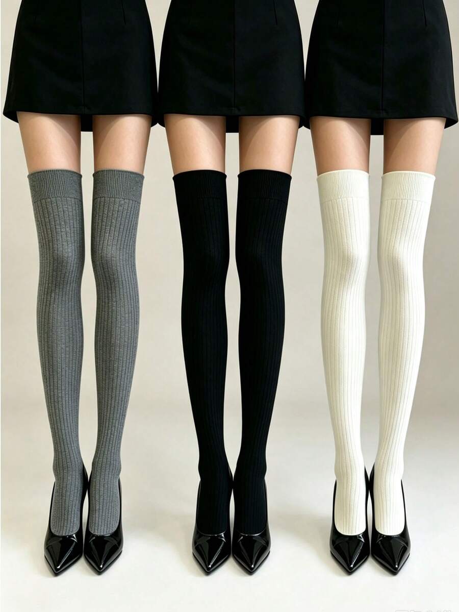 3 pares de calcetines altos de muslo acanalados de color sólido, suaves y elásticos, calcetines largos de invierno por encima de la rodilla para mujeres - Multicolor - Ver 1