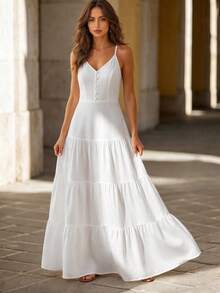 Vuslat Women's Summer Casual Solid Color V-Neck Spaghetti Strap Button Decor Loose Dress, Suitable For Casual Vacation, Beach Holiday - White - View 9