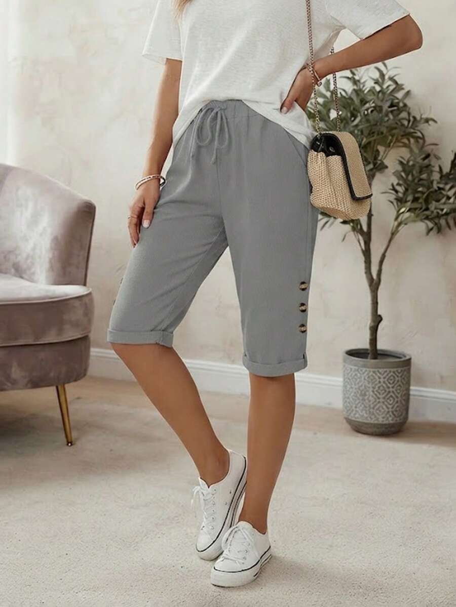 Jisfaneya 女款鈕扣口袋休閒短版長褲 度假夏季款 - 淺灰色 - 查看 1