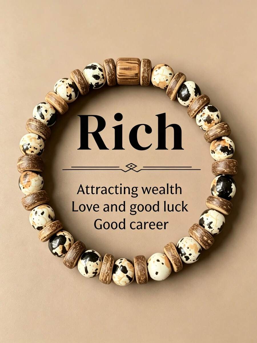1pc Simple Luck Rain Stone Beaded Bracelet For Men Boho Wood Coconut Shell Lava Stone Charm Bracelet Accessories Jewelry Party Gifts - Multicolor - View 1