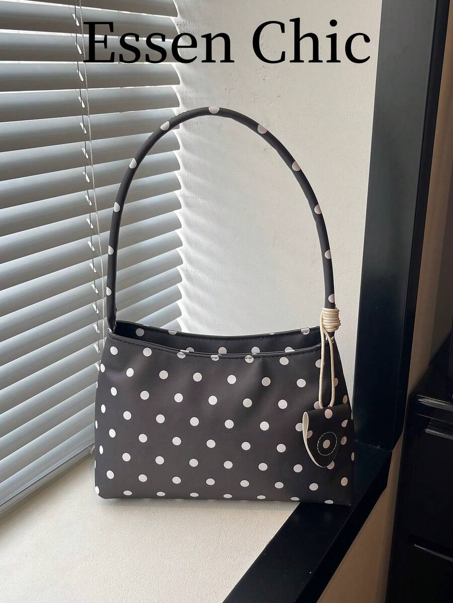 1 buah Tas Bahu Baguette PU Motif Polkadot Hitam untuk Wanita