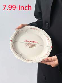 1pc French Vintage Embossed Floral Ceramic Plate With Gold Rim, Western Style Dinner Plate For Dessert, Salad, Steak, Home Use - Multicolor - View 3