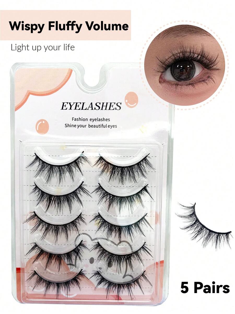 5 Pairs Wispy Fluffy Volume Strip False Eyelashes Black Synthetic Fiber Natural Dense Soft Band Lashes For Daily Party Eye Makeup - View 1