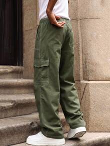 1pc Teen Boy Vintage Casual Minimalist Denim Effect Pockets Cargo Pants, Spring/Summer/Autumn/Winter - Army Green - View 11
