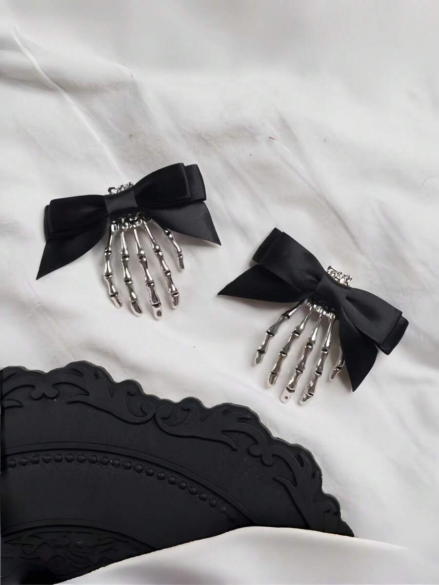 1pc Personalized Skeleton Ghost Hand Dark Gothic Style Girl Halloween Bow Hair Clip - Multicolor - View 1