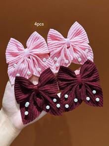 4pcs Red + Light Pink Pearl Bow Hair Clips, Sweet Style Hair Accessories For Daily Wear - Multicolor - View 3