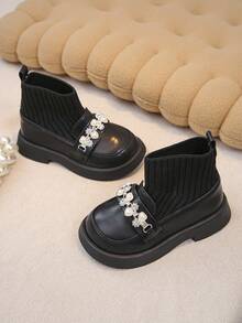 1 Pasang Sepatu Bot Pendek Rajut untuk Bayi Perempuan dengan Dekorasi Metalik, Nyaman dan Ringan, Cocok untuk Pemakaian Sehari-hari di Musim Gugur/Musim Dingin - Hitam - View 4