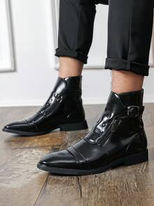 Men's Rivet Buckle Decor High-Top Ankle Boots With Side Zipper, Square Toe, Low Heel, Business Casual Shoes For Office, Banquet, Date, Commute And Daily Wear - Black - View 5