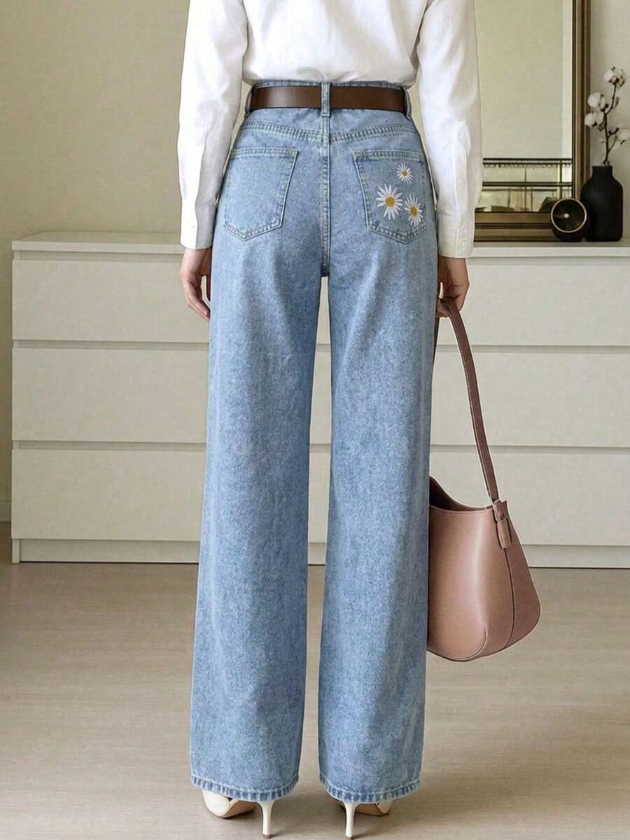 Celana Jeans Denim Elegan dengan Saku Resleting dan Kancing, Cocok untuk di Rumah, Acara Malam, Kencan, dan Gaya Kasual Musim Gugur. - Light Wash - View 1