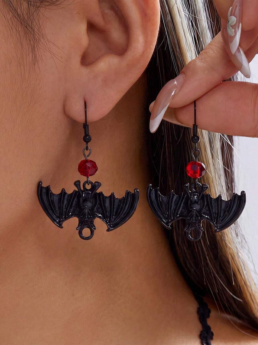 Halloween Retro Gothic Black Bat Tassel Earrings - Festive Party Costume Accessories - Multicolor - View 1