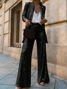 Women's Wide Leg Pants, Elegant Shiny Sequin High Waist Loose Long Trousers, Suitable For Nightclub Party - Black - View 2