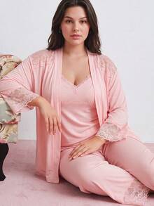 Plus Size Women 3 Pieces Set Comfortable Lace Patchwork Robe Adjustable Strap Tank Top And Breathable Long Pants Women Pajama Set Spring Autumn Winter Loungewear - Pink - View 1