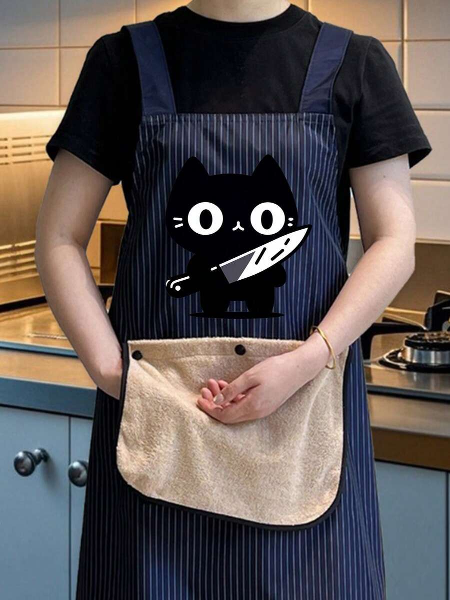 Cute Kitten Apron, Striped Apron, Easy To Wear,Kitchen Apron With Detachable Towels Black Cat Holding Knife With Two Pockets Durable And Easy To Clean, Ideal For Baking, Cooking, Home And Restaurant Use, Holiday Gift, Chef's Essential Apron - Multicolor - View 1