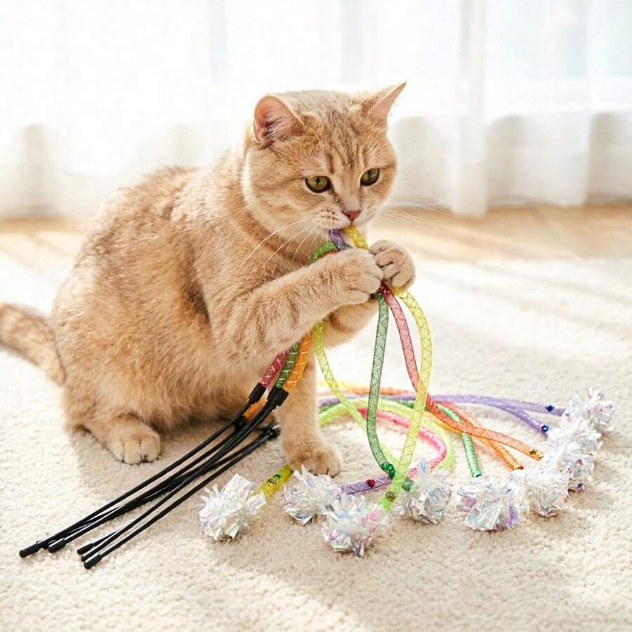 Cat Teaser Wand With Rainbow Mesh Tube And Bell, Durable Bite-Resistant Interactive Cat Toy, Fur Ball Bell Interactive Pet Toy For Boredom Relief And Self-Entertainment, Suitable For Cat Training And Play, Interactive Pet Supplies - Multicolor - View 1