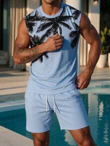 Men's Coconut Tree Pattern Sleeveless Tank Top Set, Men's Vacation Style Sleeveless Tank Top And Beach Shorts - Multicolor - View 3