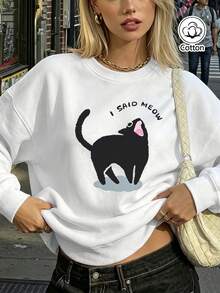 Women's Loose Fit Crew Neck Sweatshirt With Black Cat "I SAID MEOW" Print, Breathable Casual Street Style Pullover For Spring & Fall Daily Wear - White - View 1