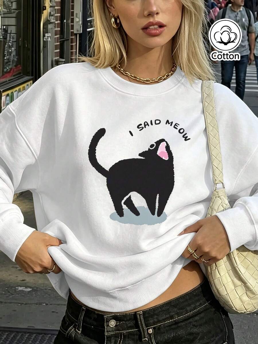 Women's Loose Fit Crew Neck Sweatshirt With Black Cat "I SAID MEOW" Print, Breathable Casual Street Style Pullover For Spring & Fall Daily Wear - White - View 1