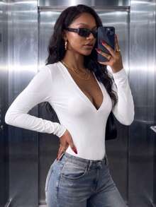 Women's Casual Deep V-Neck Long Sleeve T-Shirt For Daily Wear , Fall & Winter, Going Out, White Top - White - View 3
