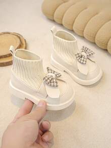 1 Pair Baby Girls Bow-Knit Comfortable Lightweight Flat Ankle Boots, Suitable For Daily Wear In Autumn And Winter - Beige - View 4