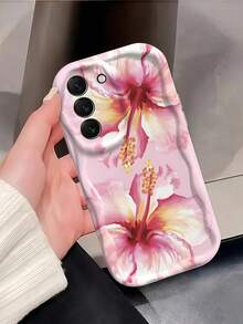 1pc Creamy Big Wave Ins Shockproof Anti-Drop Protective Phone Case, Beautiful Watercolor Hibiscus Flower Pink Gradient Floral Print Wavy Edge Soft TPU Protective Phone Shell, Compatible With Android Devices Anti-Drop Protective Case Compatible With Samsung, Series Phones - White - View 2