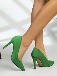 Women's Pointed Toe Stiletto Heel Low Vamp Pumps, Suede Solid Color High Heels, Banquet Commute Formal Shoes, Party Elegant High Heel Pumps - Green - View 7