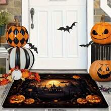GEL HUT MUN 1pc Halloween Door Mat - Scary Pumpkin Haunted House Design With Bats And Moon, Soft Absorbent Polyester With Non-Slip PVC Backing, Machine Washable Indoor/Outdoor Door Mat, Suitable For Front Door, Kitchen, Bathroom Decor - A - View 2