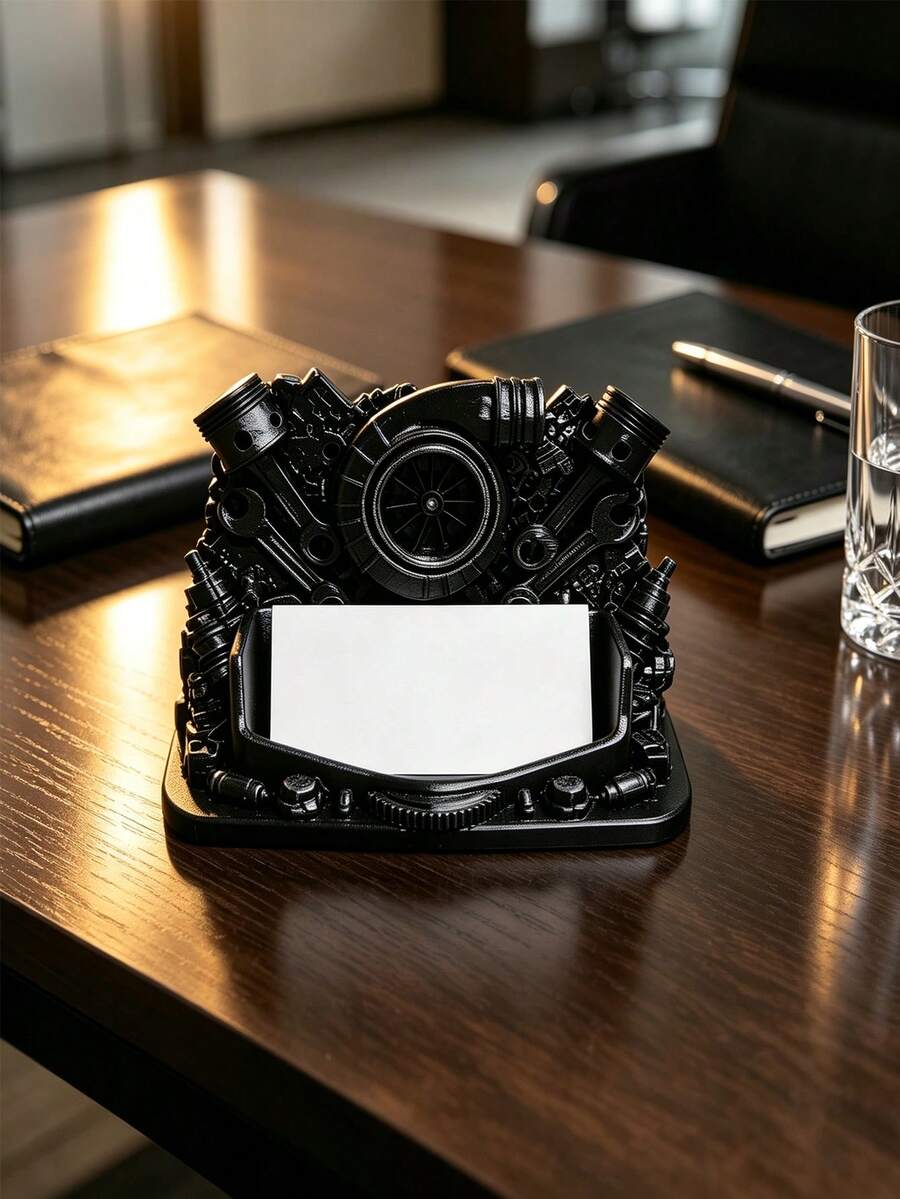 Creative Engine-Shaped Desktop Business Card Holder, Premium Black Business Office Card Box, Front Desk Office Desktop Decor Ornament - A - View 1