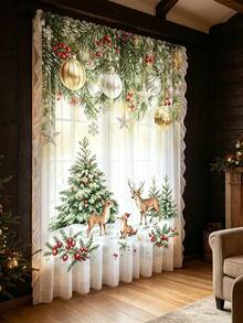 1pc Christmas Atmosphere Decor Christmas Ball, Snowflake, Reindeer, Pine Needle Pattern Rod Pocket Curtain With Tassel And Scalloped Edge, Eyelet Sheer Rod Pocket Curtain, Suitable For Living Room And Bedroom, Door Curtain, Kitchen Curtain, Noise Reduction, Christmas Decor Rod Pocket Curtain - A - View 5