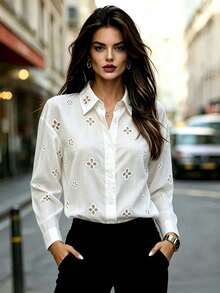 Fashionable Women's Embroidered Hollow Semi-Sheer Blouse, Front Button Long Sleeve White Shirt, Classic Shirt Collar, Elegant Style - White - View 2