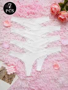 7 Pcs Ribbed Cotton Thongs Panties For Women Lace Trim Bow Decorate Soft Touch Comfy Daily Wear, White - White - View 2