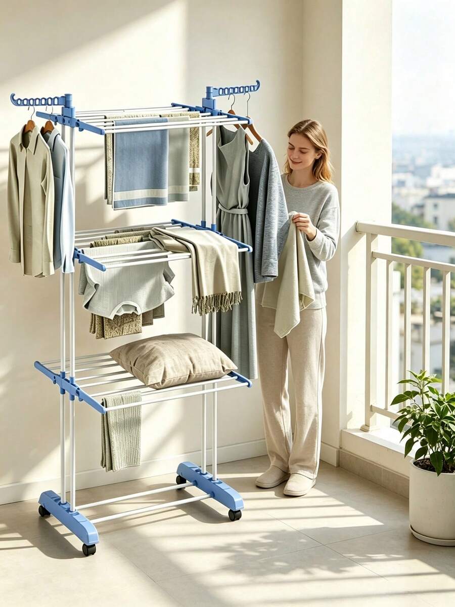 Multi‑Layer Floor‑Standing Drying Rack With Universal Casters For Easy Movement, Large‑Capacity Drying Rods And Top Hanging‑Hole Design For Household Drying Of Clothes And Quilts - A - View 1