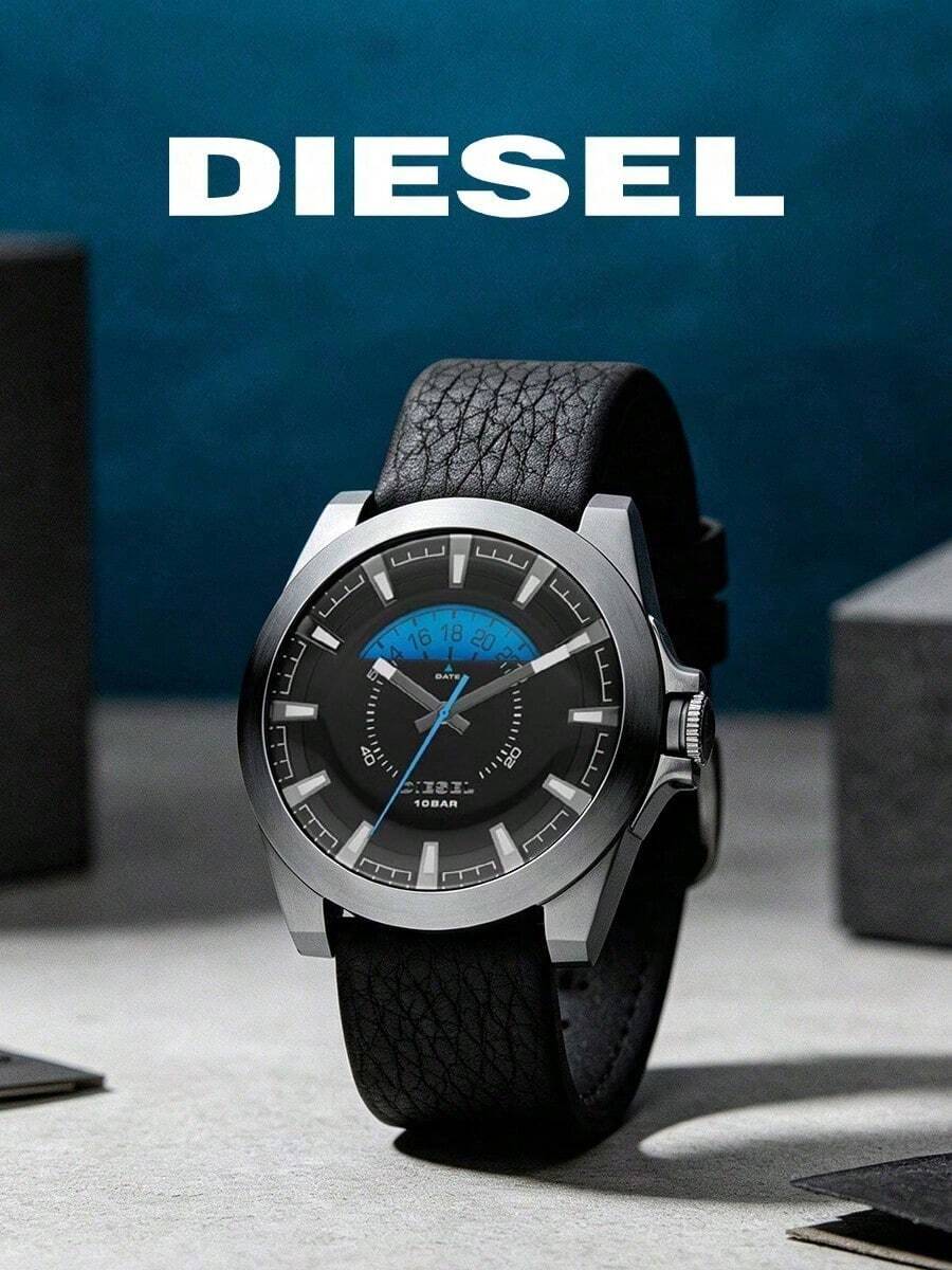Diesel DZ1659 Men Sport Quartz Wrist Watch, Oversized Silver‑Grey Case Black Dial With Blue Accent Window, Date Function Daily‑Use Wristwatch For Men - Black - View 1