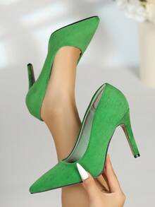 Women's Pointed Toe Stiletto Heel Low Vamp Pumps, Suede Solid Color High Heels, Banquet Commute Formal Shoes, Party Elegant High Heel Pumps - Green - View 3