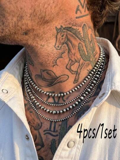 4pcs Men's Necklace Set, Silver Resin Distressed Beaded Design, Vintage Necklace Suitable For Party, Gathering And Daily Wear