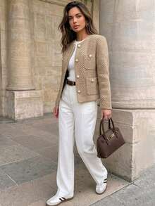Women's Autumn/Winter Off-Shoulder Cropped Jacket, Elegant Minimalist Fashion Design With Pockets, Tweed Fringe Old Money Style Jacket Coat, Suitable For Daily Wear, Commuting, Street, Dating, Vintage Tea Party, Garden, College Style - Khaki - View 7