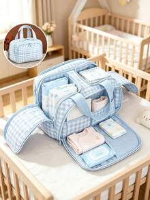 1pc Lightweight Plaid Mommy Bag, Stroller Hanging Bag, Large Capacity With Divided Compartments And Dual Openings, Suitable For Baby Bottles, Cosmetics And Travel Toiletries - Multicolor - View 1