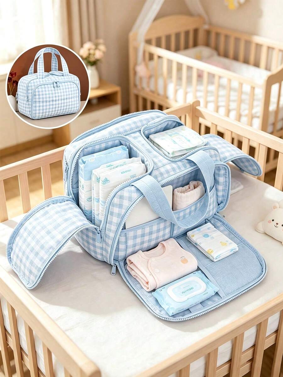 1pc Lightweight Plaid Mommy Bag, Stroller Hanging Bag, Large Capacity With Divided Compartments And Dual Openings, Suitable For Baby Bottles, Cosmetics And Travel Toiletries - Multicolor - View 1