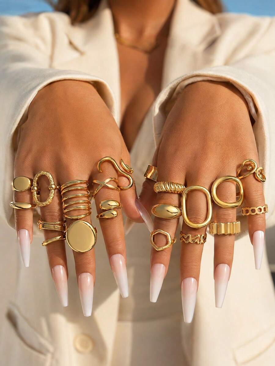 Set Cincin 10/20pcs Multi-Layer Stackable Fashion Minimalis Elegan Desain Vintage Indah Pita Geometris Bulat Berongga Manik-manik Tekstur Berkerut Asimetris Silang Multi-Layer Halus Minimalis Polos Pita Lebar Tebal Berlebihan, Hadiah Liburan Pesta Kencan, Pakaian Sehari-hari - Yellow Gold - View 1