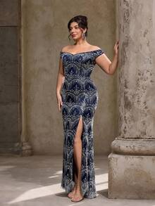 VIPGIRL Gaun Malam Mewah Elegan Model Tulang Ikan Tanpa Lengan Warna Biru Tua Ukuran Plus, Model Baru, Berhiaskan Manik-manik dan Mutiara - Navy Blue - View 5