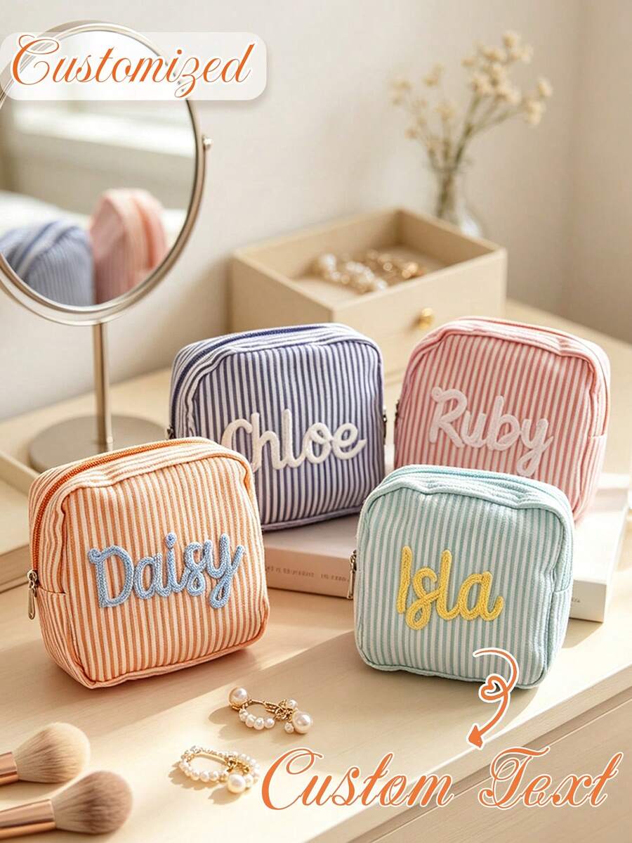 Personalized Bridesmaid Bag, Customizable With Your Name, Striped Makeup Bag, Multiple Colors Available, Suitable For Weddings, Bridal Gifts, Bachelorette Parties, Lightweight Large Capacity, Multi-Functional Makeup Bag - Multicolor - View 1