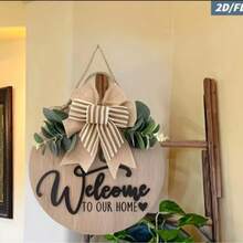 Papan Selamat Datang Kayu Bulat dengan Pita Kain dan Tanaman Hijau Tiruan, Dekorasi Gantung Pintu Masuk, Dekorasi Dinding Rumah Gaya Amerika - A - View 1