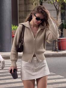 Sweater Rajut Joy untuk Wanita, Gaya Baru Musim Gugur/Dingin - Atasan Serbaguna - Fesyen Kasual Minimalis, Warna Polos, Resleting, Kerah Lebar, Musim Gugur - Aprikot - View 4
